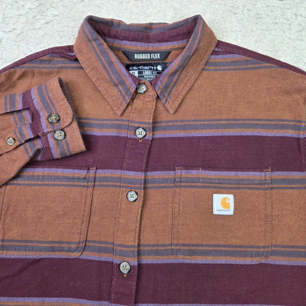 Carhartt Rugged Flex Loose Fit Flannel Shirt Womens 1X Burgundy Red Brown NEW